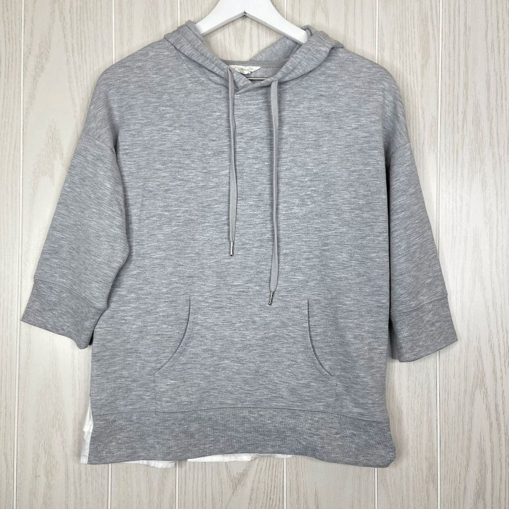 Caslon Loose 3/4 Sleeve Kangaroo Pocket Ruffle Hoodie Women's Gray Size XS